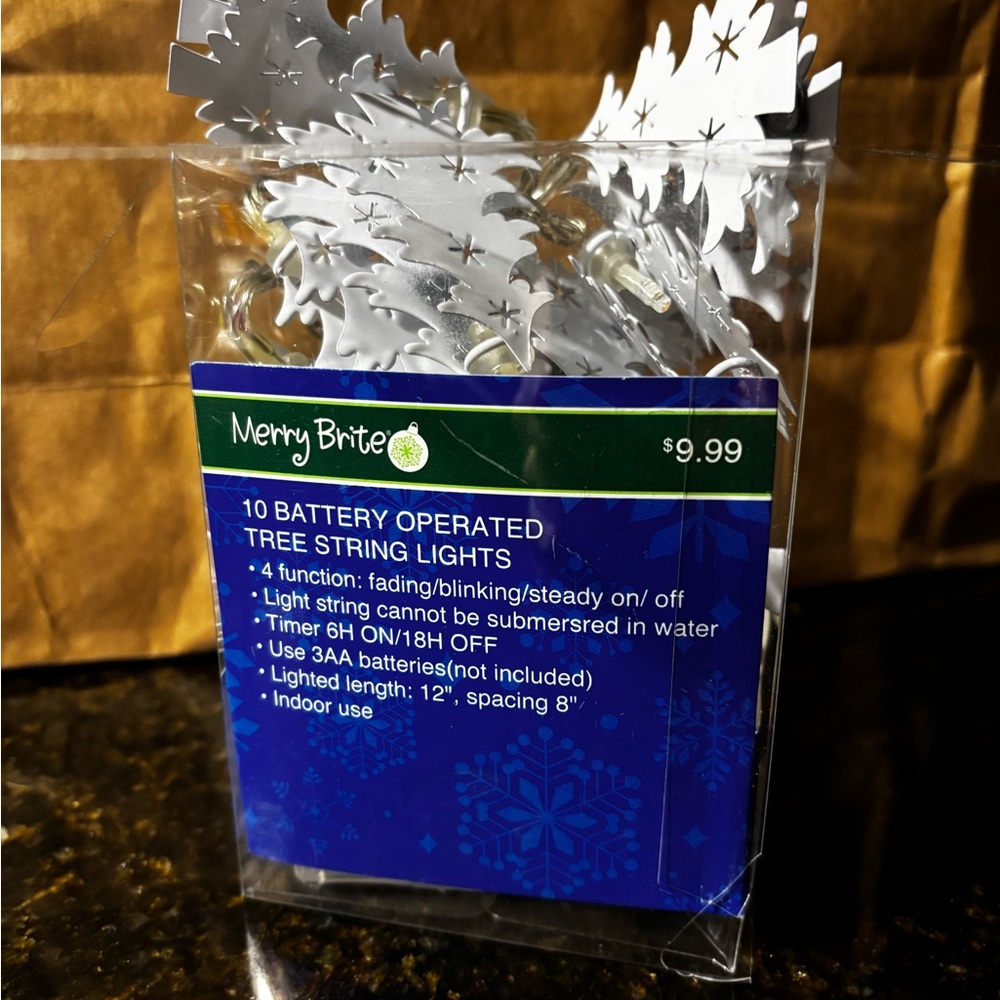NWT In box Merry Brite White Tree String Lights. 10 White Trees on silver cord.